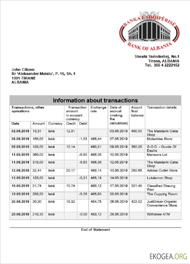 Relevé bancaire de la Banque d'Albanie d'Albanie